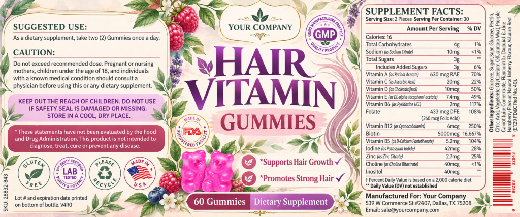 Hair Skin & Nails Gummies Supplement Label – Botanical & Natural Design