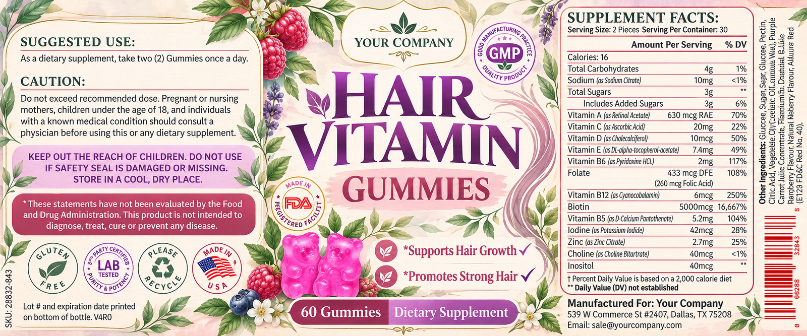 Hair Skin & Nails Gummies Supplement Label – Botanical & Natural Design