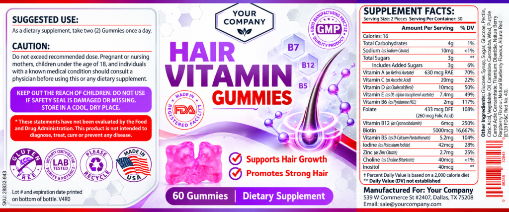 Hair Skin & Nails Gummies Supplement Label – Classic & Elegant Design