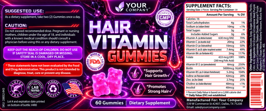 Hair Skin & Nails Gummies Supplement Label – Futuristic & Neon Design