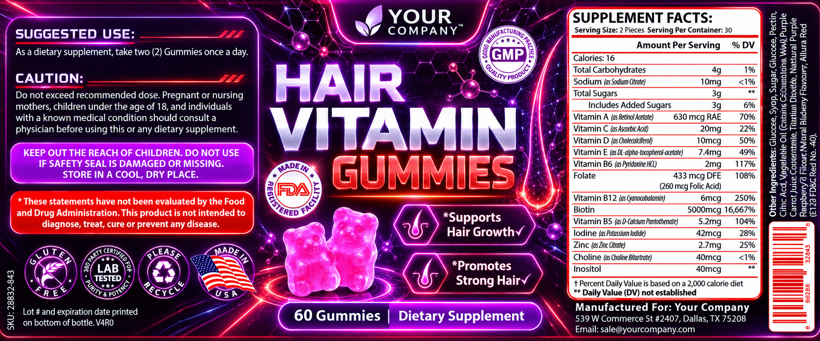 Hair Skin & Nails Gummies Supplement Label – Futuristic & Neon Design