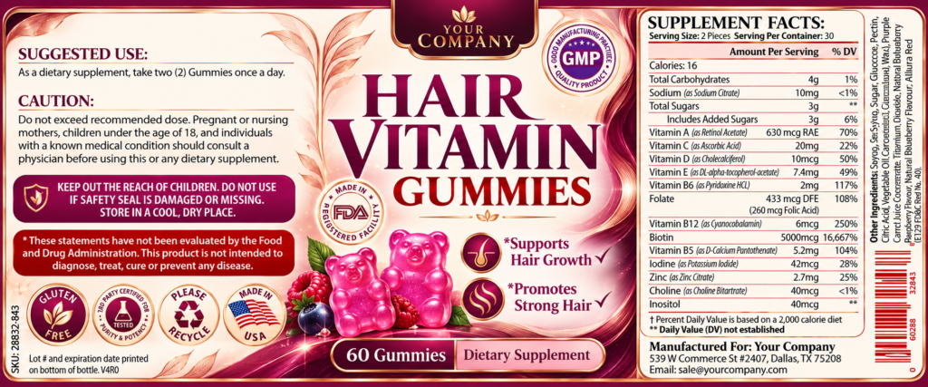 Hair Skin & Nails Gummies Supplement Label – Luxury & Premium Design
