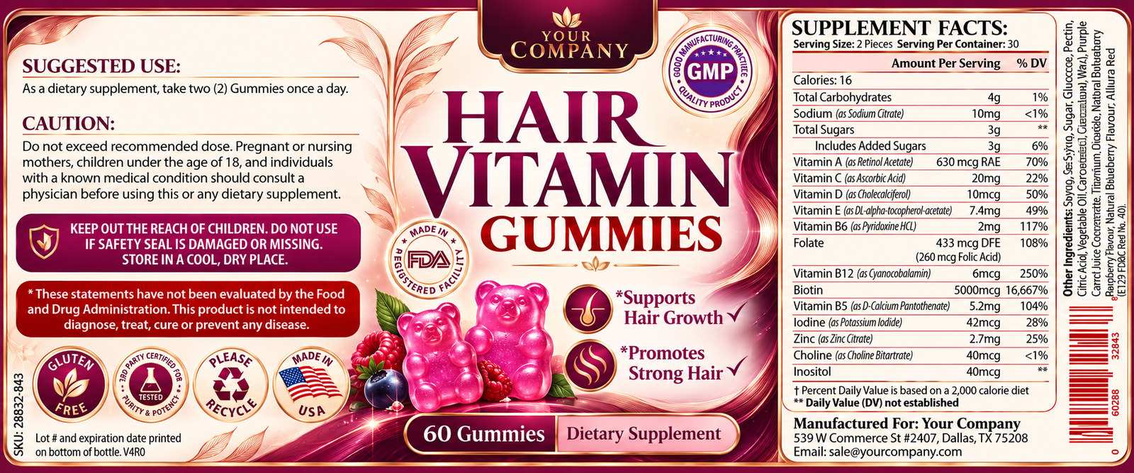 Hair Skin & Nails Gummies Supplement Label – Luxury & Premium Design