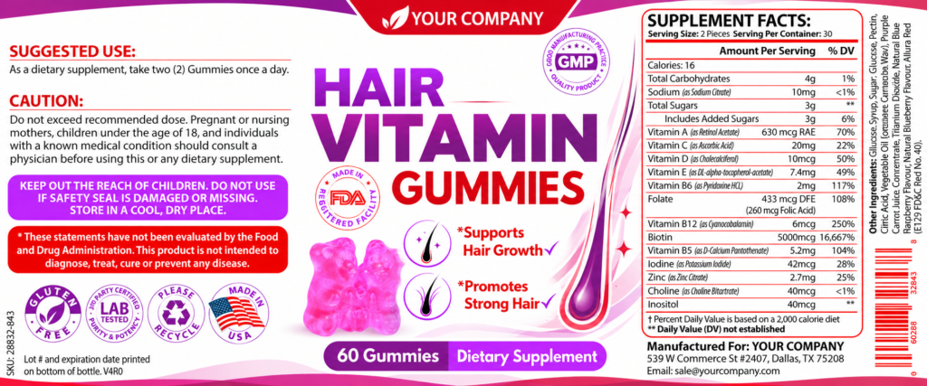Hair Skin & Nails Gummies Supplement Label – Modern & Clean Design