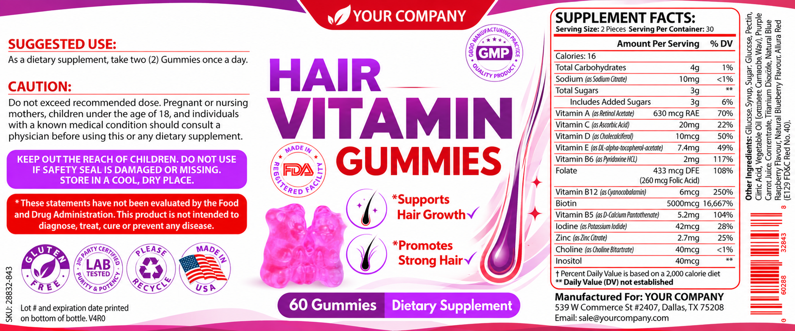 Hair Skin & Nails Gummies Supplement Label – Modern & Clean Design