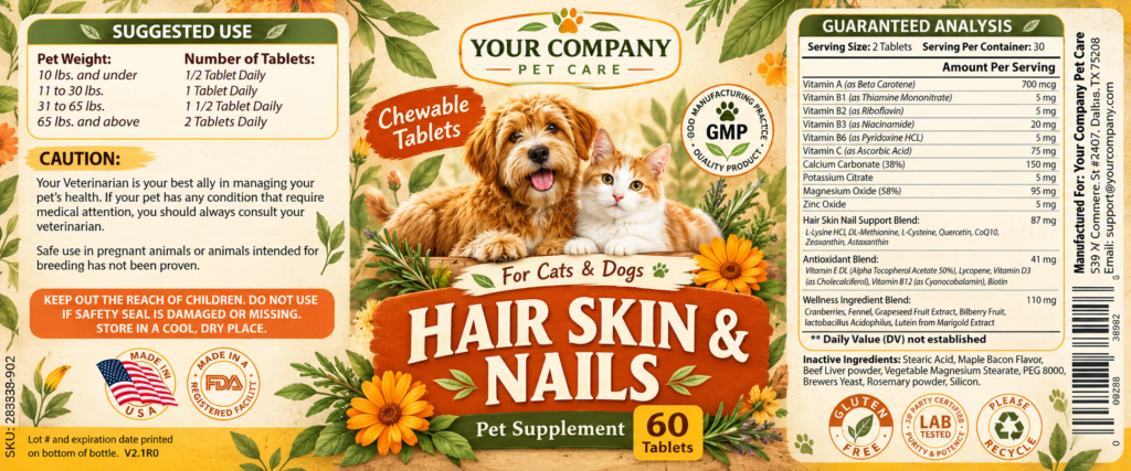 Hair Skin & Nails for Pets Supplement Label – Botanical & Natural Design