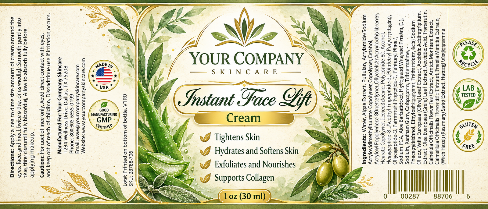 Instant Face Lift Cream Skin Care Label – Botanical & Natural Design