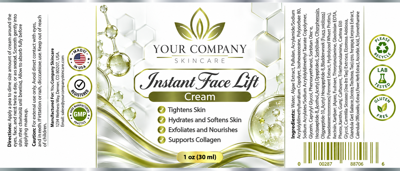 Instant Face Lift Cream Skin Care Label – Classic & Elegant Design