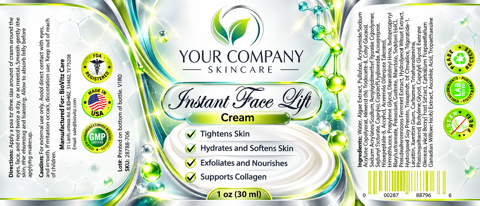 Instant Face Lift Cream Skin Care Label – Futuristic & Neon Design