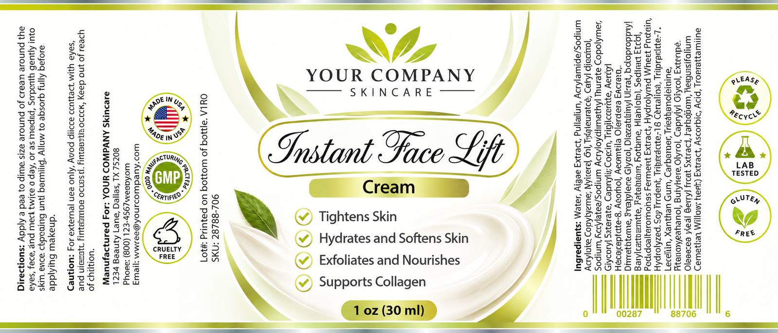 Instant Face Lift Cream Skin Care Label – Modern & Clean Design