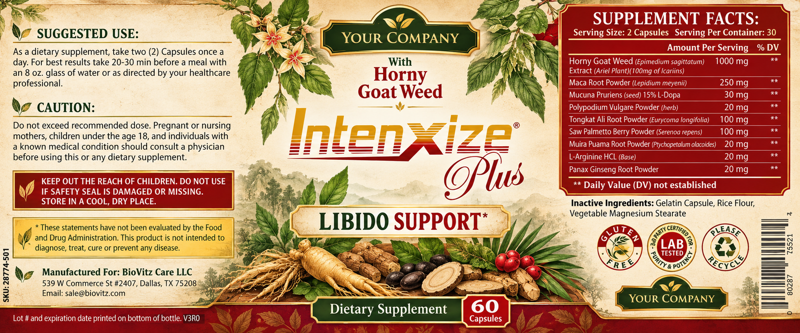 IntenXize Plus Supplement Label – Botanical & Natural Design