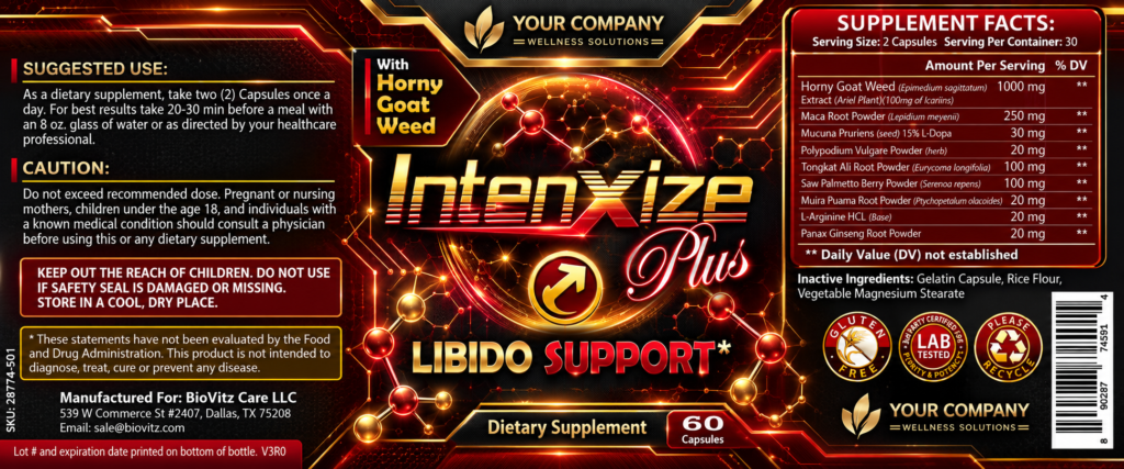 IntenXize Plus Supplement Label – Futuristic & Neon Design
