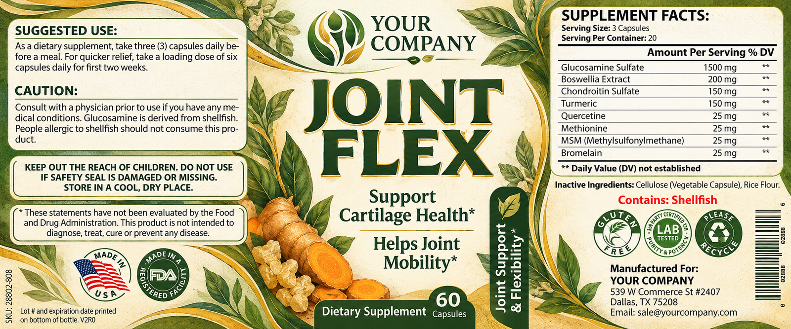 Joint Flex Supplement Label – Botanical & Natural Design