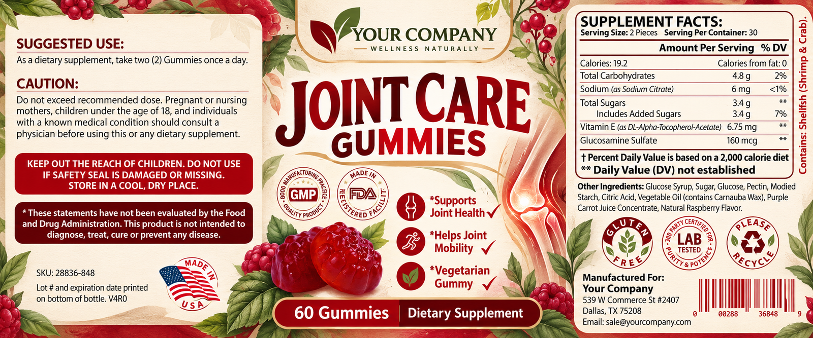 Joint Health Gummies Supplement Label – Botanical & Natural Design