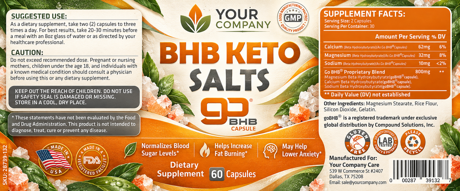 Keto Salt BHB Supplement Label – Botanical & Natural Design