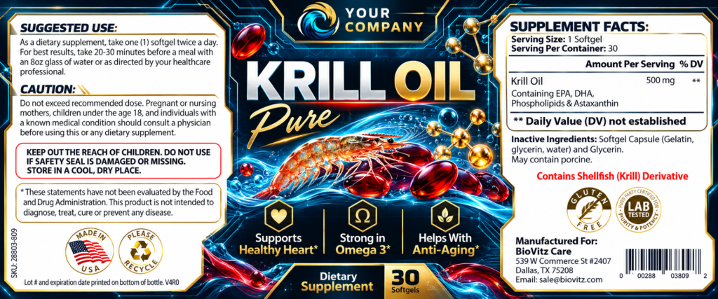 Krill Oil Supplement Label – Futuristic & Neon Design