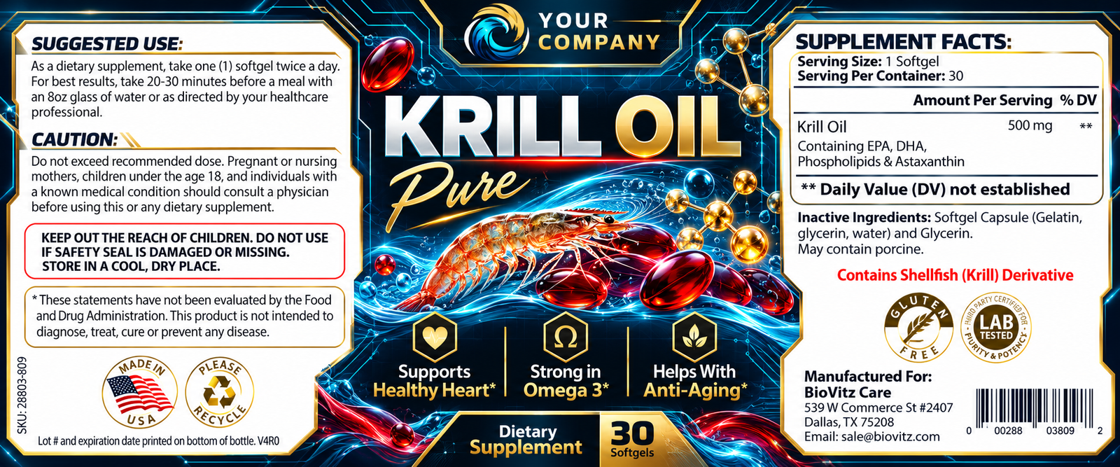 Krill Oil Supplement Label – Futuristic & Neon Design