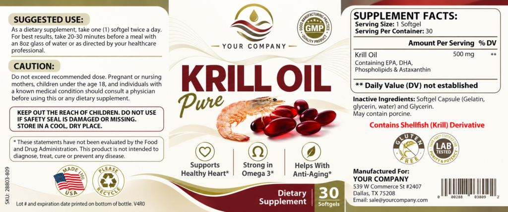 Krill Oil Supplement Label – Modern & Clean Design