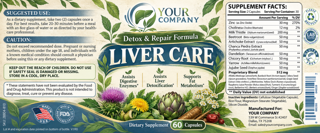 Liver Care Supplement Label – Botanical & Natural Design