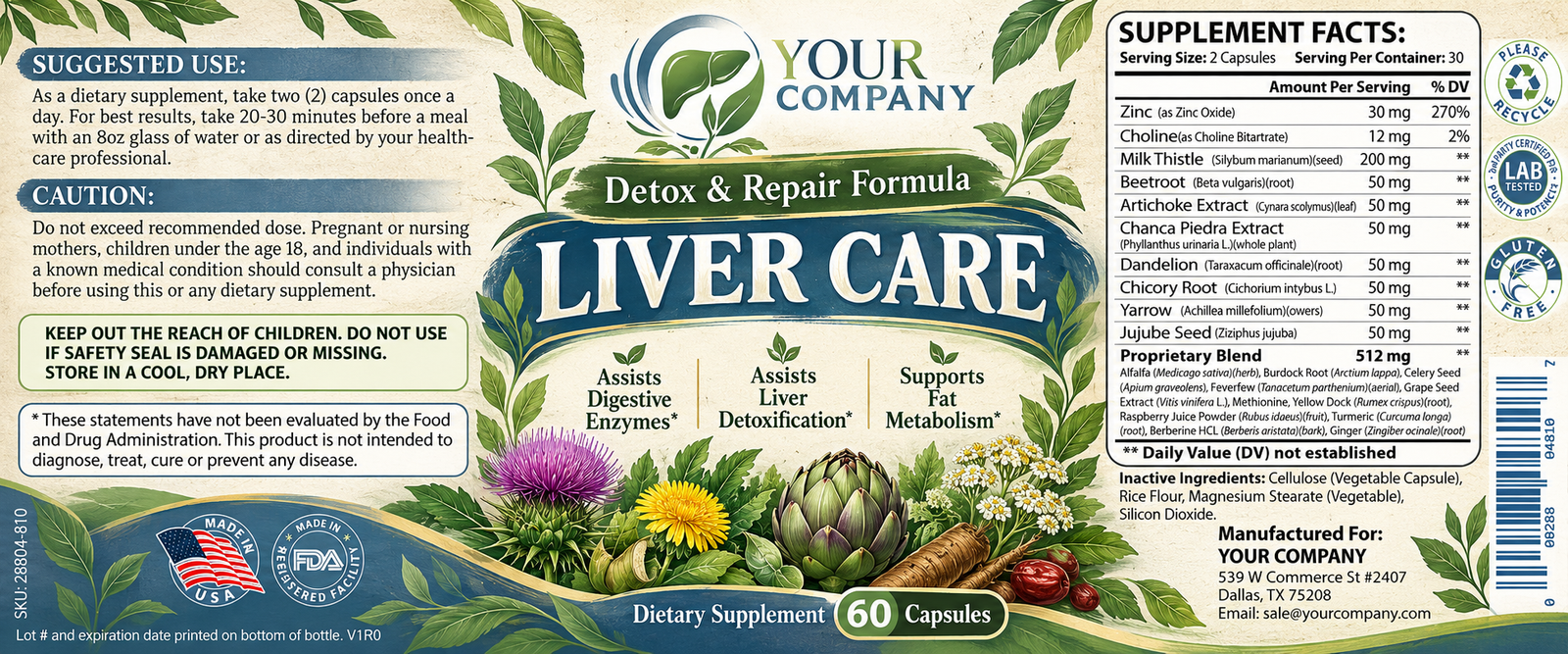 Liver Care Supplement Label – Botanical & Natural Design