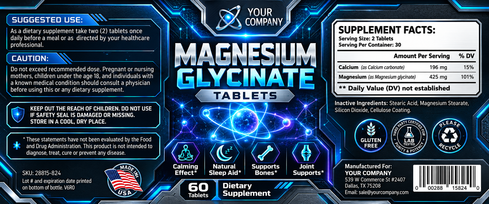 Magnesium Glycinate Supplement Label – Futuristic & Neon Design