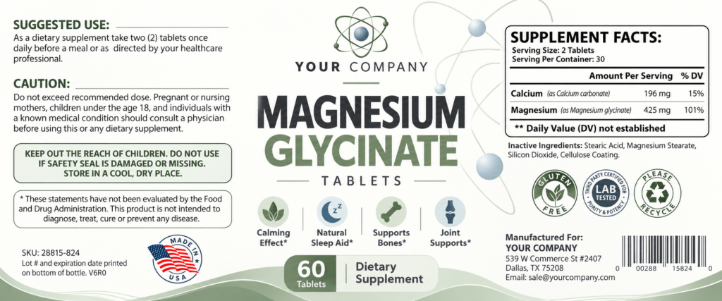 Magnesium Glycinate Supplement Label – Modern & Clean Design