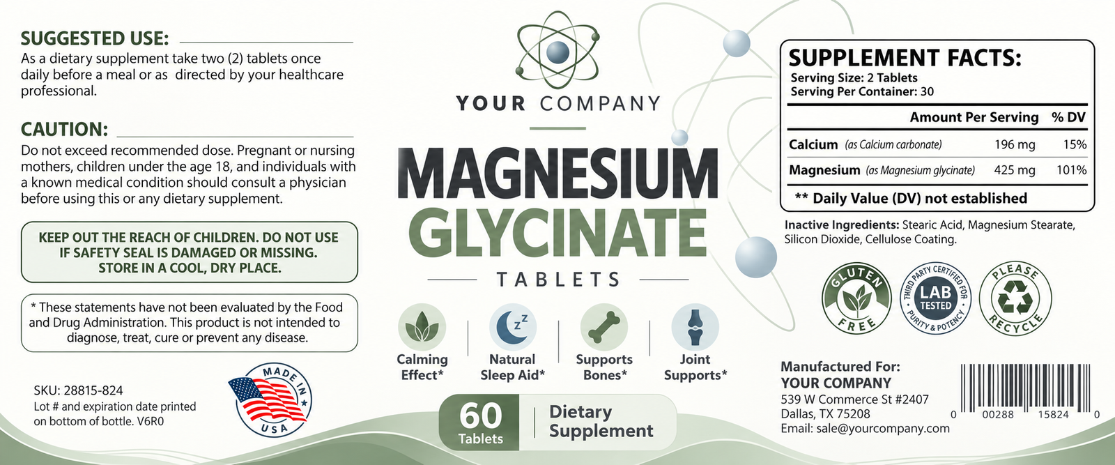 Magnesium Glycinate Supplement Label – Modern & Clean Design