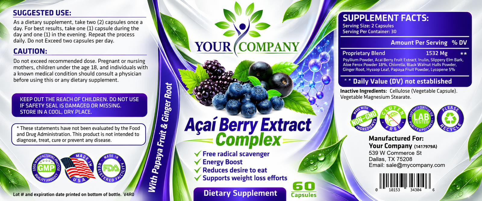 Max Detox Acai Berry Supplement Label – Classic & Elegant Design