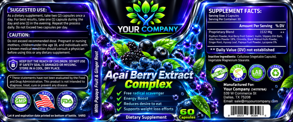 Max Detox Acai Berry Supplement Label – Futuristic & Neon Design