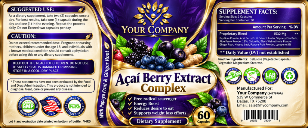 Max Detox Acai Berry Supplement Label – Luxury & Premium Design