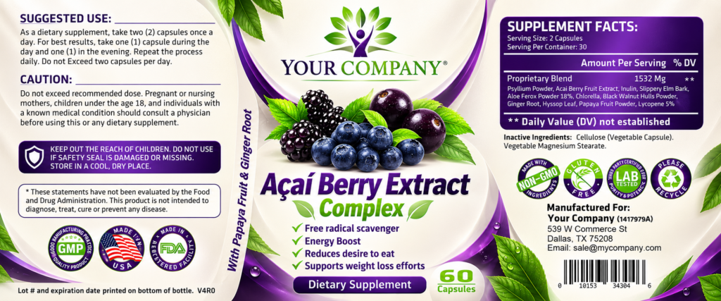Max Detox Acai Berry Supplement Label – Modern & Clean Design