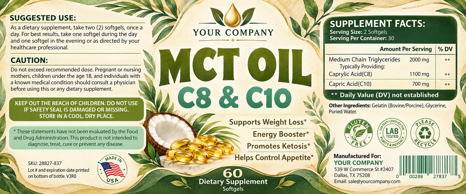 MCT Oil C8/C10 Supplement Label – Botanical & Natural Design