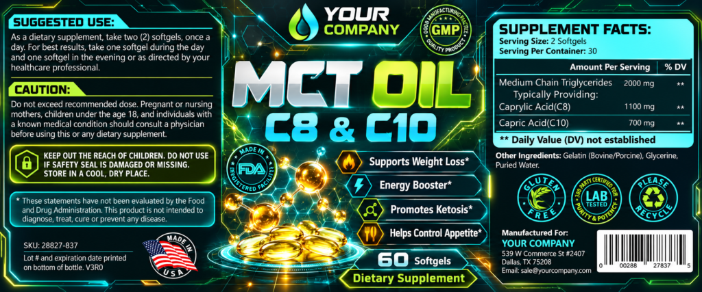 MCT Oil C8/C10 Supplement Label – Futuristic & Neon Design