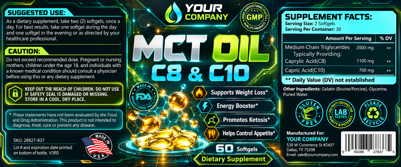 MCT Oil C8/C10 Supplement Label – Futuristic & Neon Design