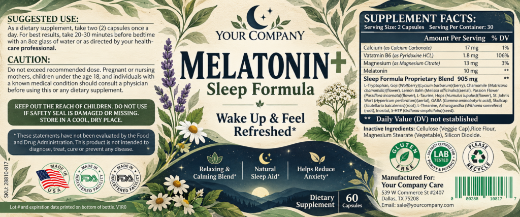 Melatonin Sleep Supplement Label – Botanical & Natural Design
