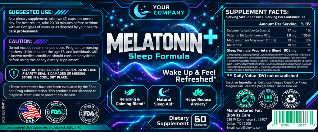 Melatonin Sleep Supplement Label – Futuristic & Neon Design