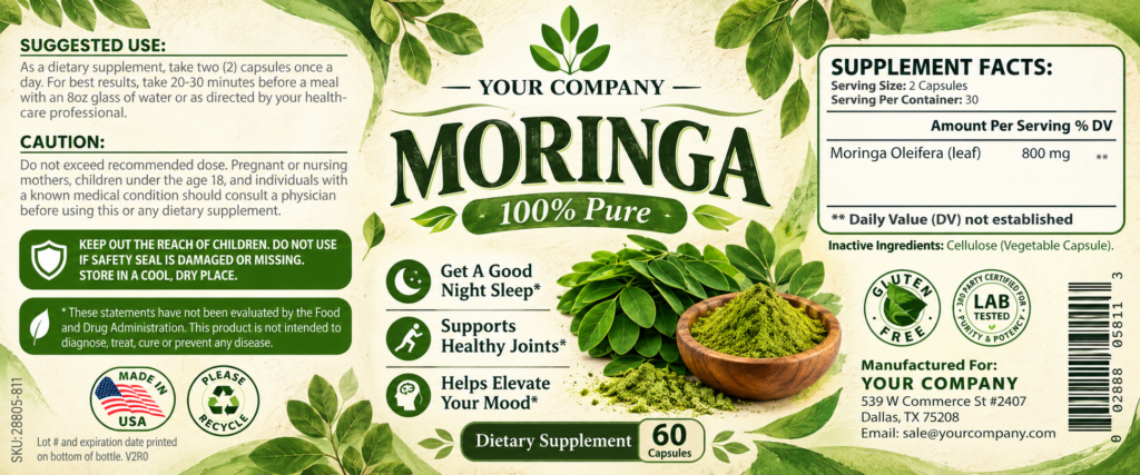 Moringa Supplement Label – Botanical & Natural Design