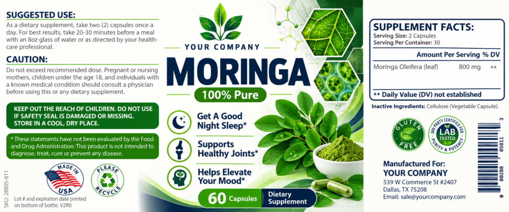 Moringa Supplement Label – Classic & Elegant Design