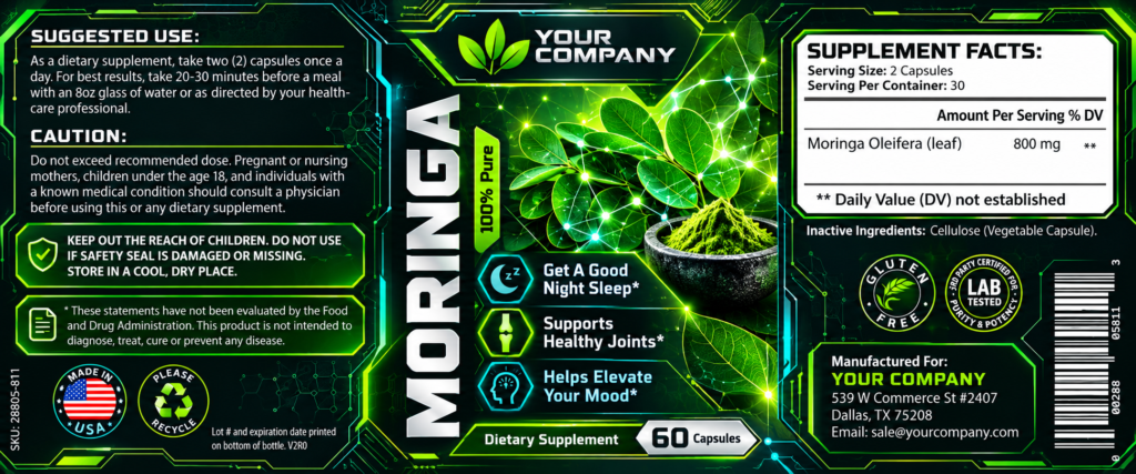 Moringa Supplement Label – Futuristic & Neon Design