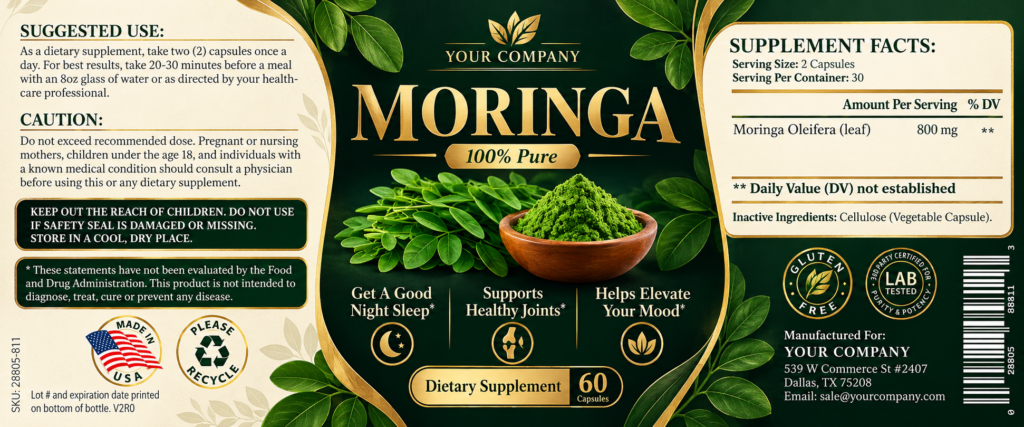 Moringa Supplement Label – Luxury & Premium Design