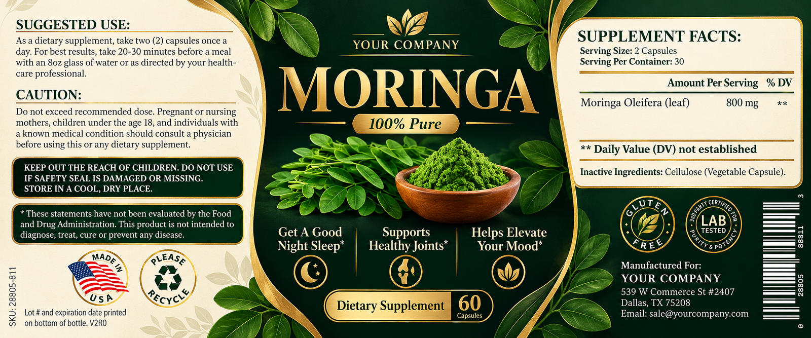 Moringa Supplement Label – Luxury & Premium Design