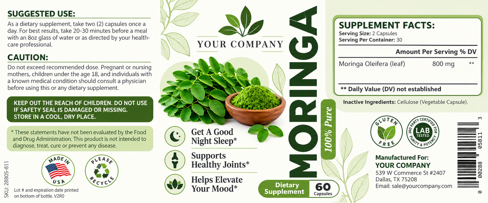 Moringa Supplement Label – Modern & Clean Design