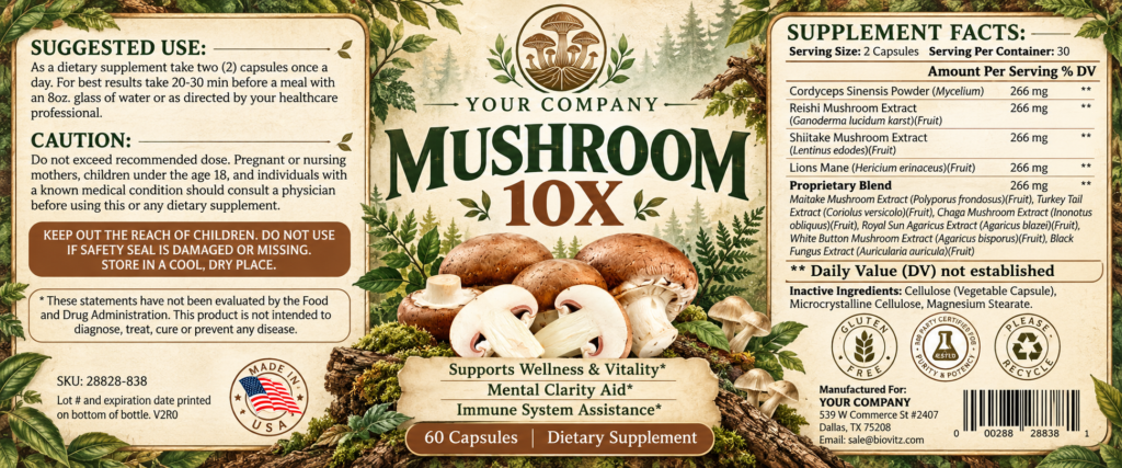 Mushroom 10X Supplement Label – Botanical & Natural Design