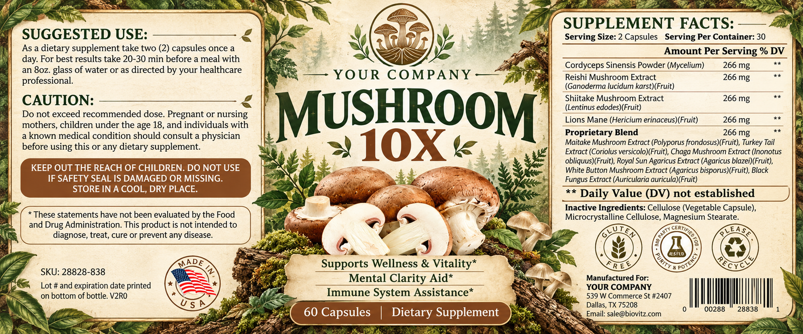 Mushroom 10X Supplement Label – Botanical & Natural Design