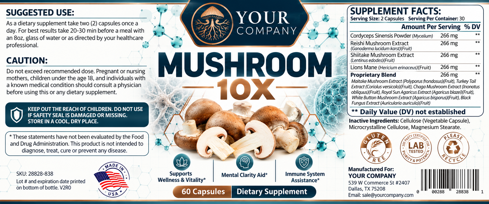 Mushroom 10X Supplement Label – Classic & Elegant Design