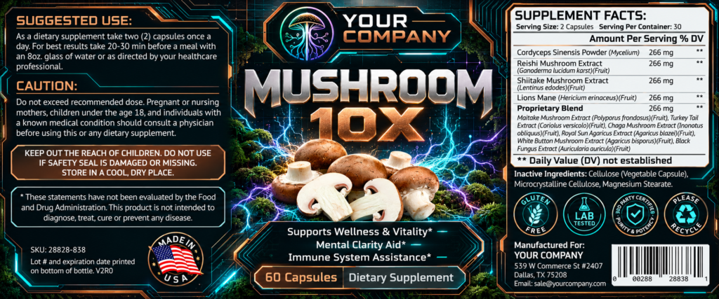 Mushroom 10X Supplement Label – Futuristic & Neon Design