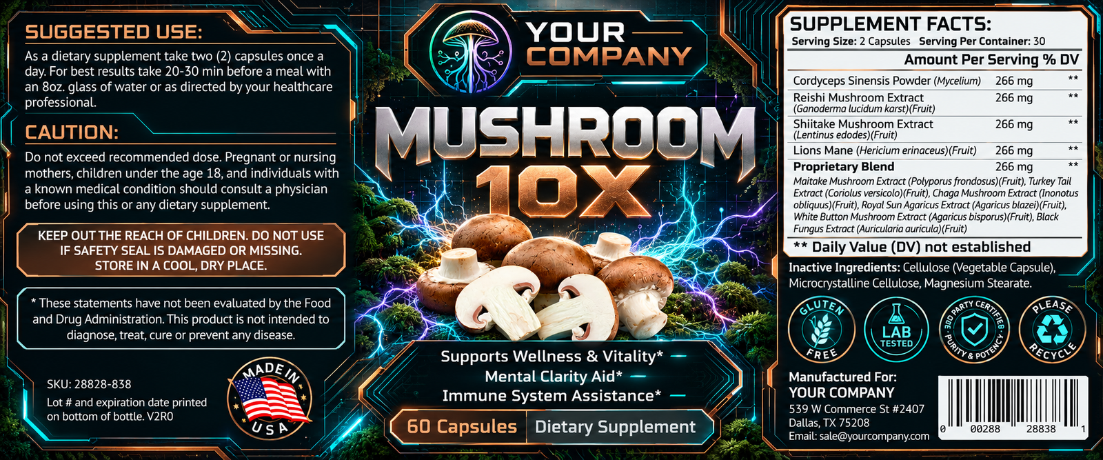 Mushroom 10X Supplement Label – Futuristic & Neon Design
