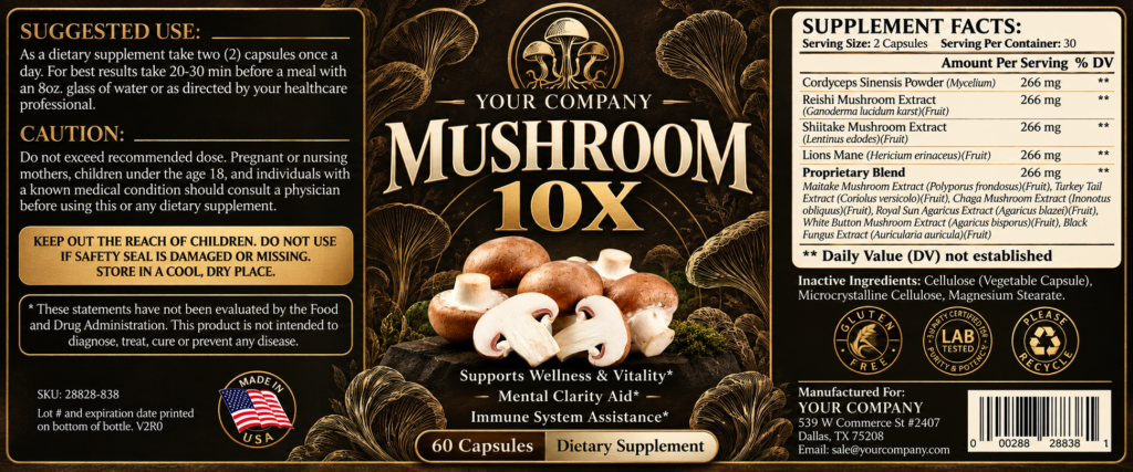 Mushroom 10X Supplement Label – Luxury & Premium Design