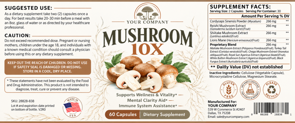 Mushroom 10X Supplement Label – Modern & Clean Design