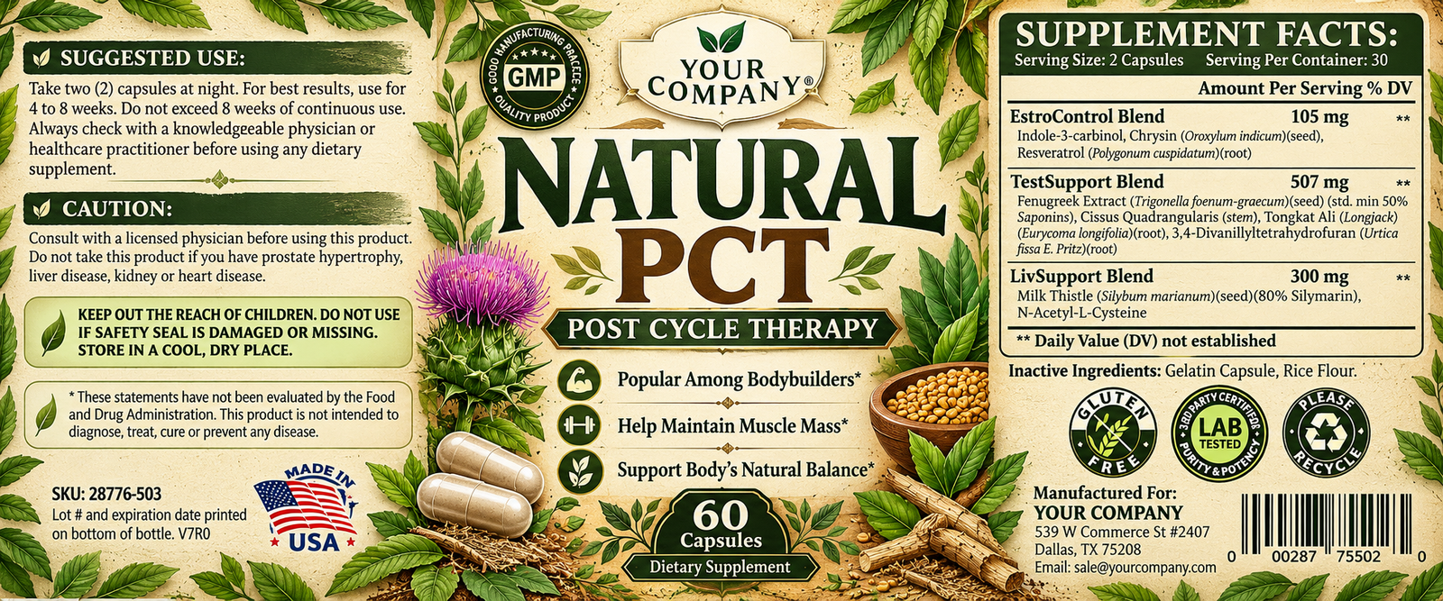 Natural PCT Supplement Label – Botanical & Natural Design